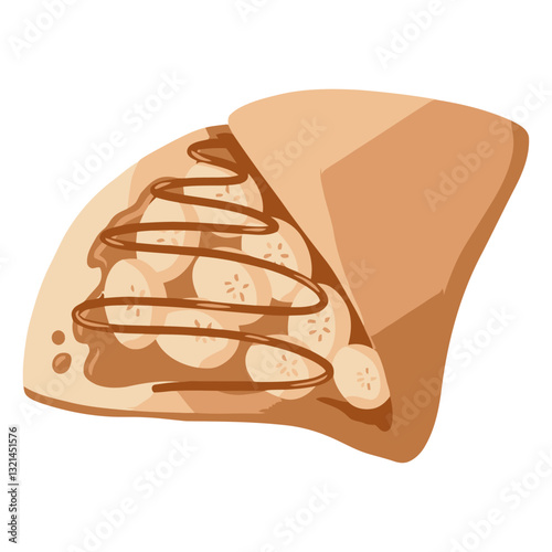 Golden Crepe Delight: A sweet treat in illustration. A beautifully illustrated crepe filled with slices of banana and drizzled with rich chocolate sauce, a tempting dessert.