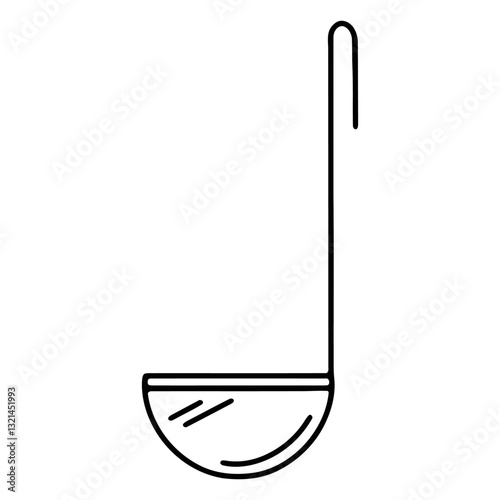 Kitchen Ladle: A simple and clean outline of a classic kitchen ladle, ideal for serving soups and stews, featuring a long handle and a curved bowl. 