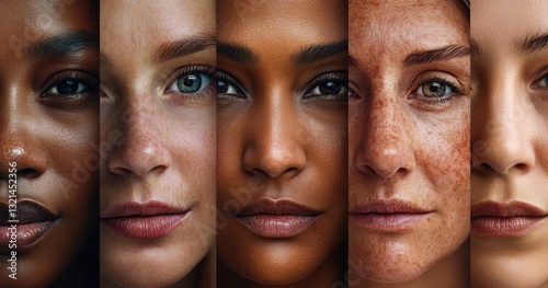 diverse women's faces in the same frame, each with unique skin tones and eye colors, representing the diversity and beauty in skincare products for all ages and ethnicities.