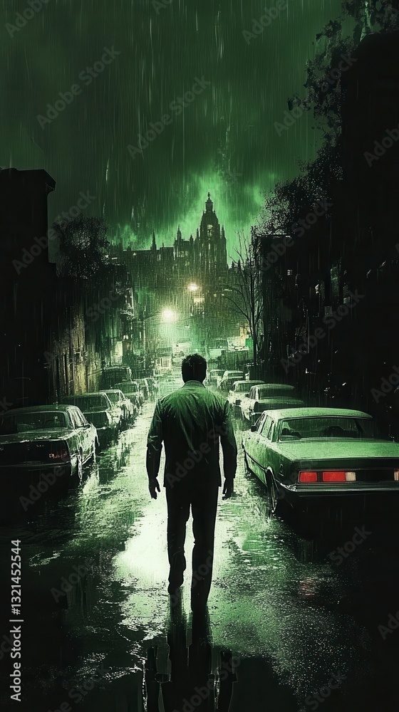 Fototapeta premium A solitary figure walks down a rain swept city street at night. Greenish lighting, dark buildings, and parked cars create a mysterious atmosphere.