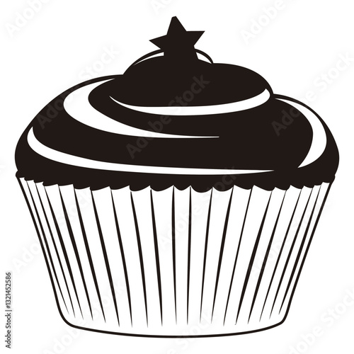 Cupcake Delight: A delectable cupcake, adorned with a star and swirls, sits ready to be enjoyed. Perfect for illustrating a sweet and simple dessert!