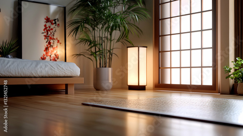 An interior scene of a bedroom with japanese influences photo