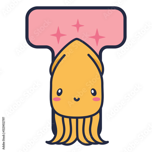 Cute Squid Cartoon with Pink Background: A cheerful illustration of a cute squid cartoon with a playful and engaging design, featuring a sweet expression and inviting aesthetics. 