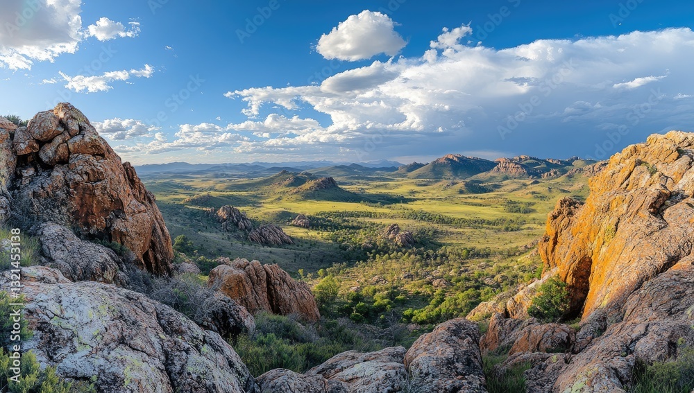 Obraz premium Panoramic vista of a rocky landscape. A high vantage point reveals a valley filled with grasslands, sparse trees, and rocky outcrops. Dramatic clouds and sunlight illuminate the scene