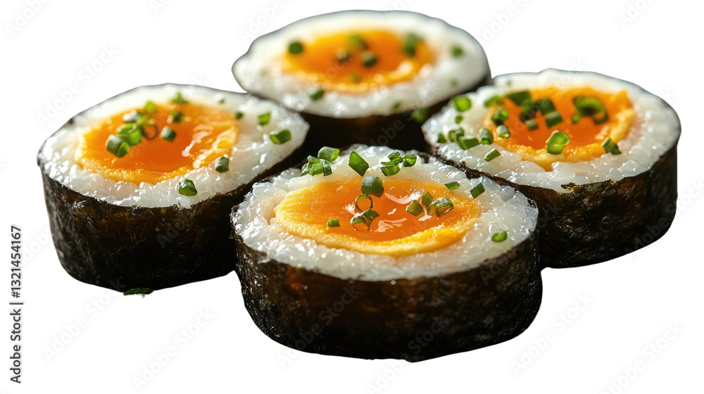 Egg Sushi: Close-up of a visually appealing egg sushi roll, artfully arranged to entice and satisfy the appetite Egg Sushi: Close-up of a visually appealing egg sushi roll, artfully arranged to entice and satisfy the appetite