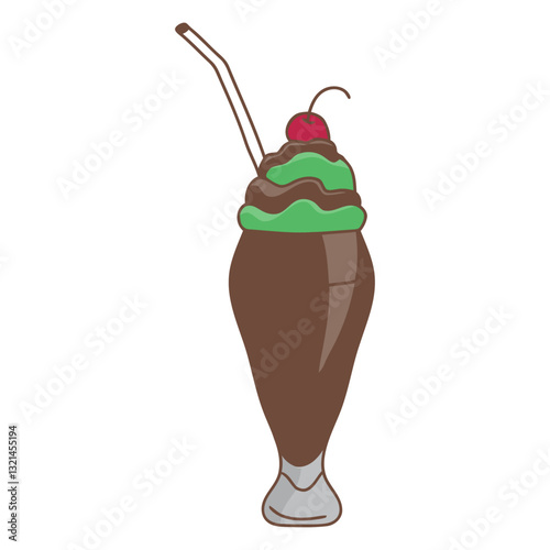 Chocolate Malt with Whipped Cream and Cherry: An illustration of a delicious chocolate malt, topped with fluffy green whipped cream and a bright red cherry.