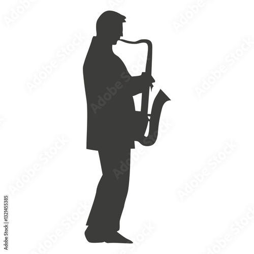 Saxophonist Silhouette: The silhouette of a saxophonist playing a saxophone. His form is outlined, playing an alto saxophone silhouette.