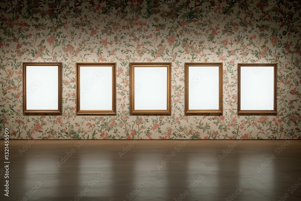 Fototapeta premium Photo-realistic image featuring empty canvases displayed in oak frames, set against a whimsical floral wallpaper background
