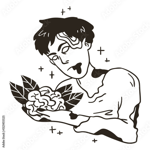 Zombie's Feast of Brains: A monochrome illustration captures a stylized zombie engrossed in a gruesome feast, showcasing a macabre yet artistic scene.