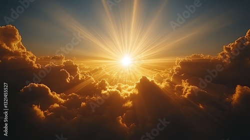 Golden sunrise above cloudscape, aerial view