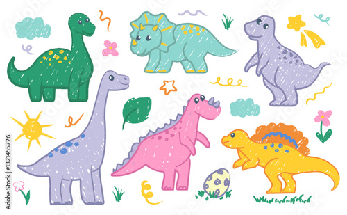 Cute crayon hand drawn dinosaurs characters Jurassic period monster vibrant childish graffiti set