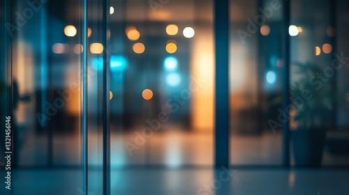 A blurred nighttime view of a stylish office interior, creating a dreamy and abstract ambiance