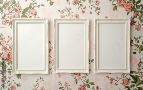 Photo-realistic image featuring empty canvases displayed in ornate royal frames with a soft pastel color palette, set against a whimsical floral wallpaper background in gentle pinks and cream