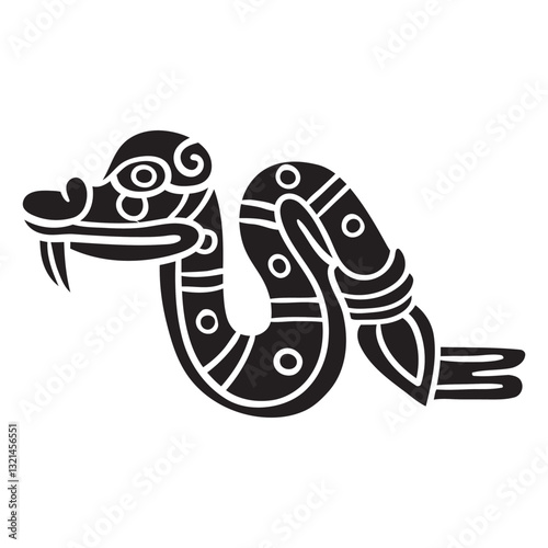 Aztec Serpent Glyph: A stylized black and white illustration of an Aztec serpent glyph, rich in symbolic meaning and intricate detail.