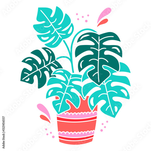 Monstera Plant Illustration: An artful illustration showcases a lush Monstera plant with its characteristic split leaves, elegantly potted, with stylized design