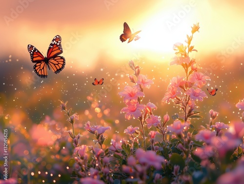 Beautiful summer morning landscape with flowering plants in the rays of the rising sun with morning dew and flying butterflies