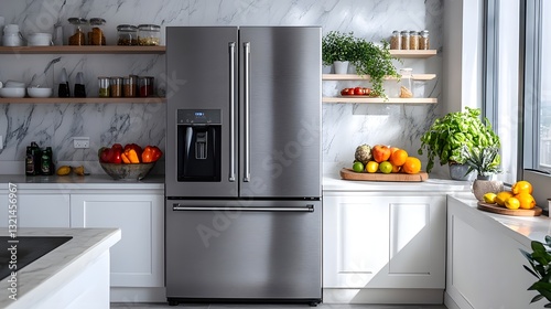 a modern stainless steel refrigerator in a contemporary kitchen setting.