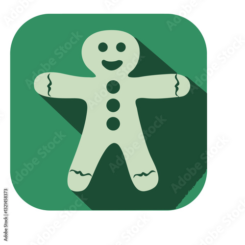 Gingerbread man icon: A charming, cartoonish gingerbread man icon, set against a minimalist, modern green background with a long shadow. The whimsical design exudes warmth and cheer.