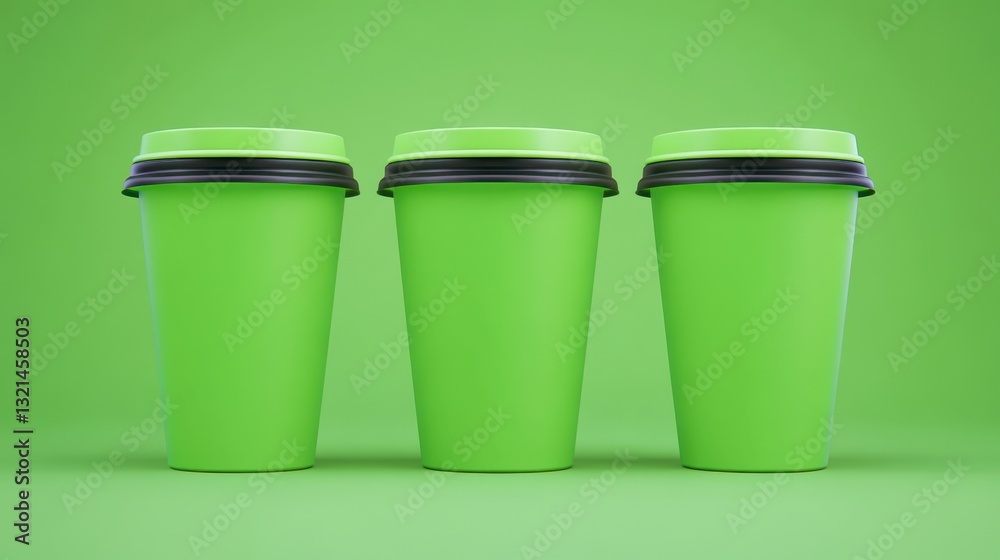 Three lime green disposable coffee cups with black lids stand in a row against a lime green background. Clean, simple product shot. Three lime green disposable coffee cups with black lids stand in a row against a lime green background. Clean, simple product shot.