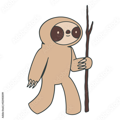 Cartoon Sloth Hiking: Adorable cartoon sloth standing upright, leaning on a walking stick, conveying a sense of adventure and slow-paced travel.