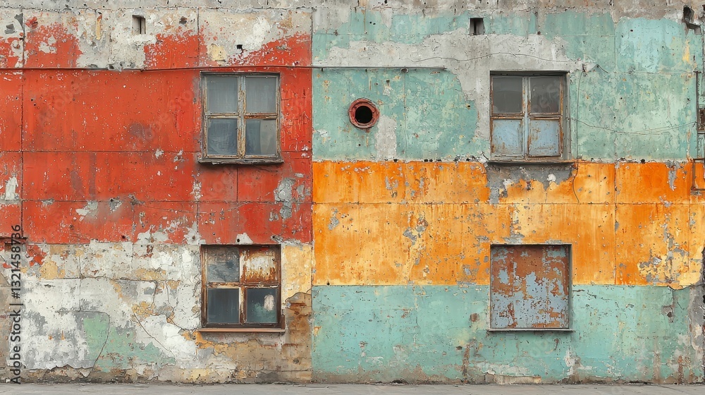 Old and Weathered Building Facade with Peeling Paint in Multiple Colors