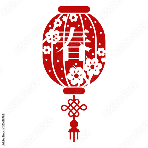 Celestial Lantern of Celebration: A vibrant red lantern, etched with delicate floral patterns and the Chinese character for "spring.
