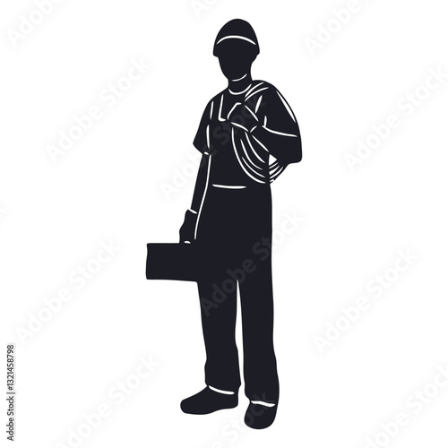 Industrious Silhouette: An electrician stands resolute, toolbox in hand, with a coil of wire slung over his shoulder, against a clean, neutral background, showcasing dedication and expertise.