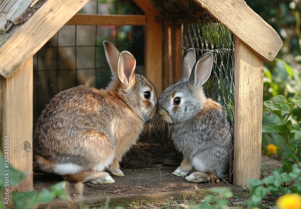 Rabbits Interacting in Garden Hutch Fence Setting Rabbits Interacting in Garden Hutch Fence Setting