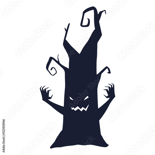 Spooky Tree Illustration: A haunting silhouette of a gnarled tree with eerie arms and a menacing face, perfect for adding a touch of the macabre to your Halloween-themed projects.