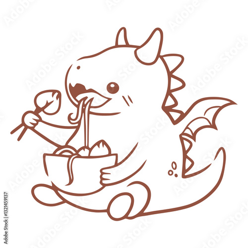 Dragon's Culinary Delight: A charming dragon relishes a bowl of delicious noodles, showcasing a playful blend of fantasy and culinary joy.