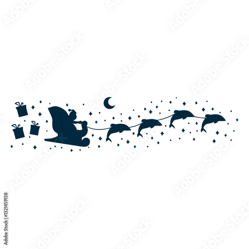 Festive Dolphin Delivery: A whimsical silhouette of Santa Claus soaring through the night sky in a sleigh pulled by playful dolphins, delivering gifts under a starry moon.