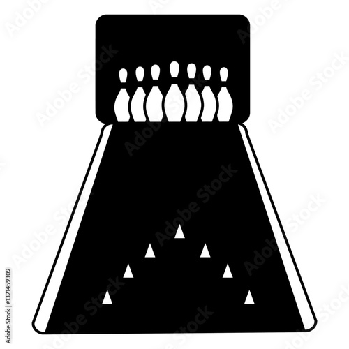 Bowling Alley Icon: A simple yet effective black and white icon depicting a bowling alley, complete with pins and lane markings, perfect for game-related designs and applications.