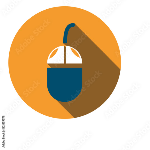 Modern Computer Mouse Icon: A sleek, stylized icon of a computer mouse, rendered in a flat design, casting a long shadow against a vibrant orange circle.
