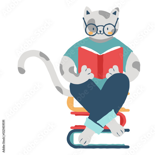 Cat Reading a Book: A cute cat wearing glasses sits on a stack of books, engrossed in reading a red book. The illustration is simple and charming. 