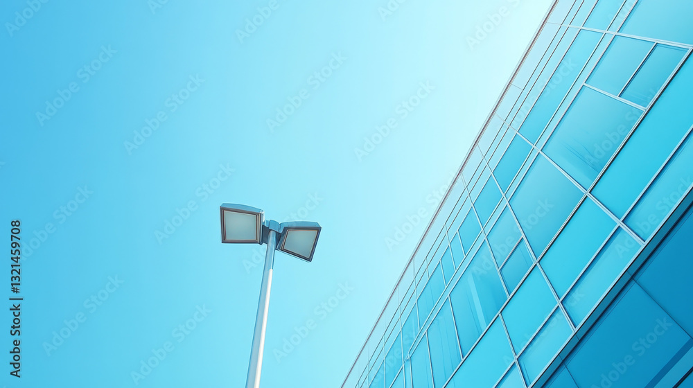 A contemporary business office building set against a clear blue sky, accompanied by a stylish street lamp A contemporary business office building set against a clear blue sky, accompanied by a stylish street lamp