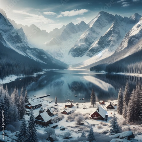 Fototapeta Naklejka Na Ścianę i Meble -  lake and mountains Winter at Morskie Oko or Sea Eye Lake in Poland Tatra Mountains