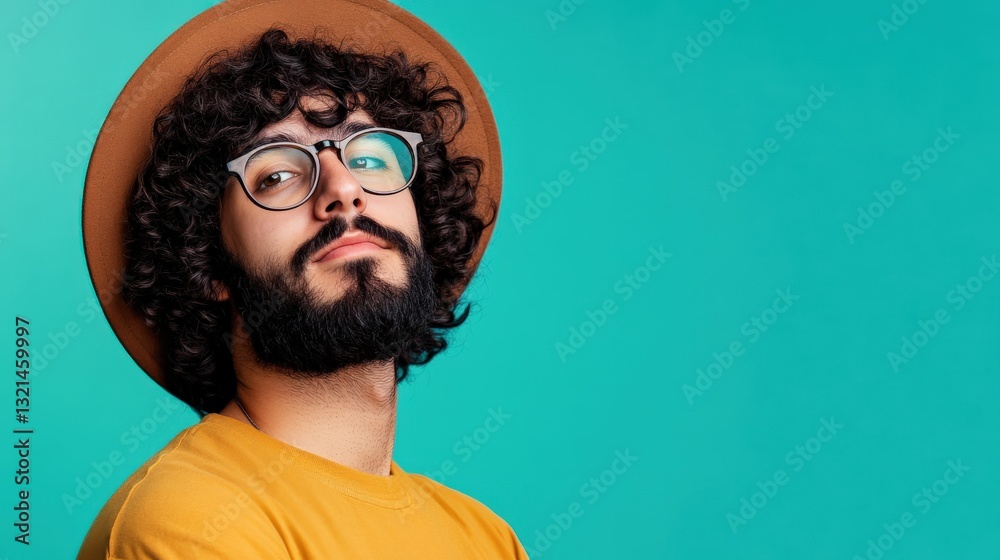 Obraz premium A man with curly hair wears a hat and glasses