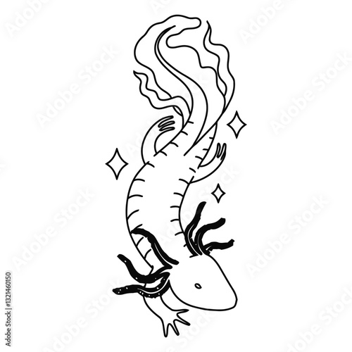 Axolotl Illustration: A whimsical line art illustration of an axolotl, a unique amphibian with feathery gills, gracefully swimming amidst sparkling accents.