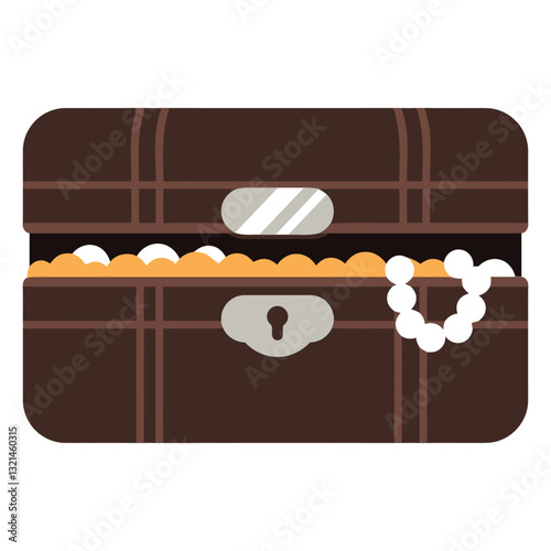 Treasure Chest Discovery: A detailed illustration depicts a classic wooden treasure chest, its lid ajar to reveal glistening pearls and shimmering gold coins. The chest holds a sense of mystery. 