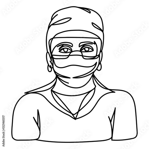 Healthcare Hero: A single, continuous line art illustration of a dedicated healthcare professional in surgical scrubs. The artwork depicts the essence of medical expertise and compassion.