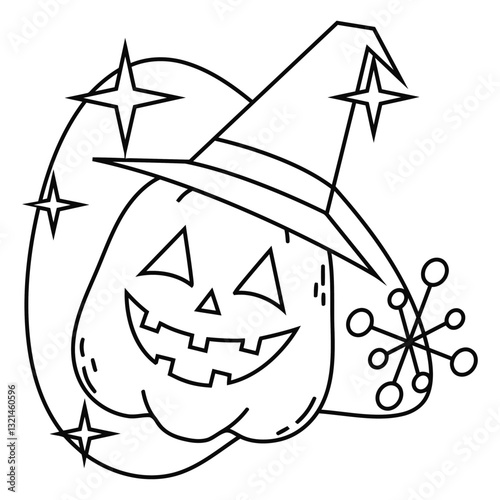 Halloween Pumpkin in Witch Hat Line Art: A festive Halloween pumpkin dons a classic witch hat, surrounded by twinkling stars, perfect for coloring pages and spooky season crafts.