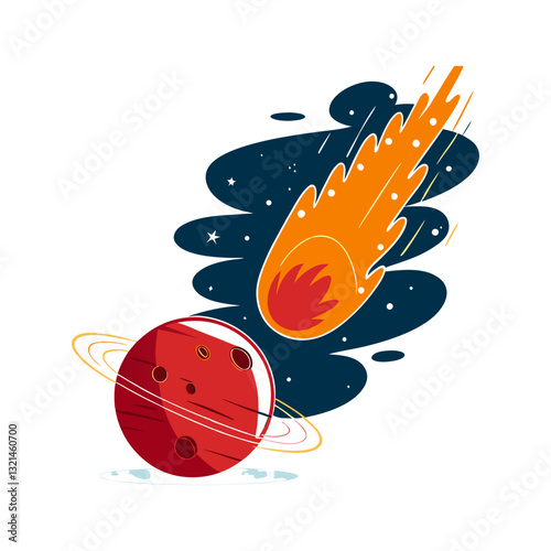 Vector illustration of a fiery meteor approaching a ringed planet, symbolizing space, astronomy, and cosmic events.