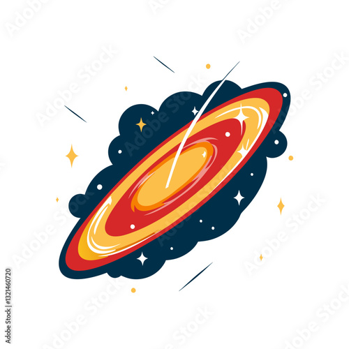 Vector illustration of a glowing spiral galaxy surrounded by cosmic dust, symbolizing space, astronomy, and the vast universe.