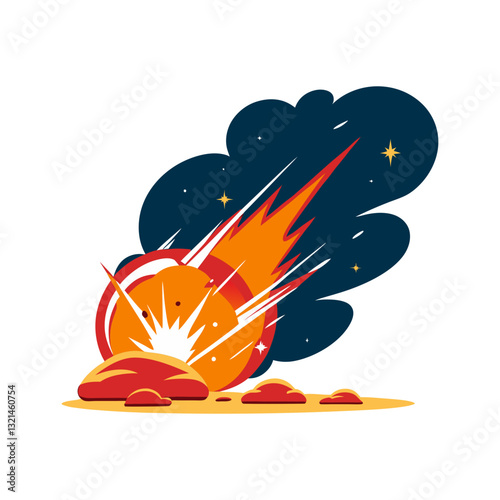 Vector illustration of a meteor crashing into the ground with an explosion, symbolizing space impact, astronomy, and cosmic events.