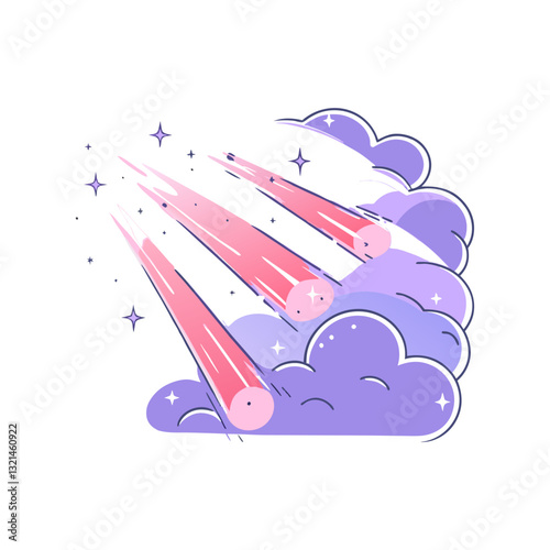 Vector illustration of glowing meteors streaking through a pastel-colored sky with clouds, symbolizing space, astronomy, and cosmic phenomena.