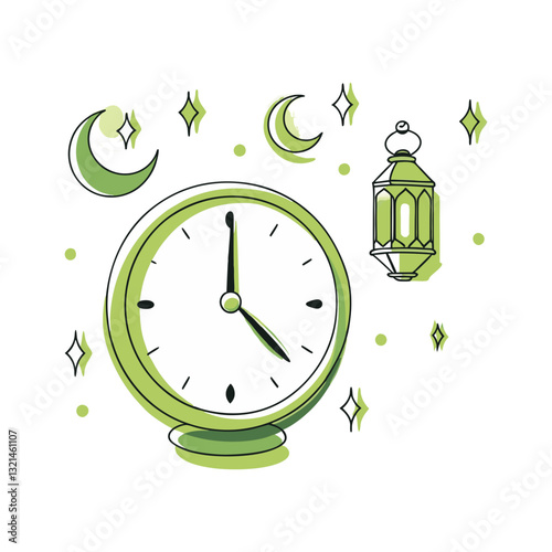 Vector illustration of a clock with a lantern and crescent moons, symbolizing time, Ramadan, and nighttime reflection in a decorative design.