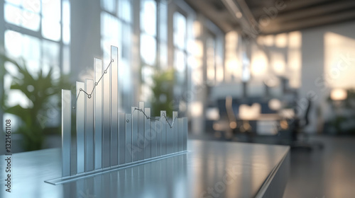 A dynamic perspective of a glass office building with a sleek silver-plated bar chart illustrating rapid financial growth