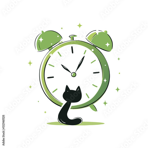 Vector illustration of a black cat sitting in front of a vintage alarm clock, symbolizing time, curiosity, and mystery in a whimsical design.
