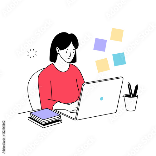 Vector illustration of a woman working on a laptop with sticky notes and books, symbolizing productivity, organization, and remote work.