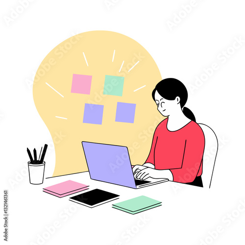 Vector illustration of a woman working on a laptop with sticky notes and a glowing light bulb, symbolizing creativity, productivity, and brainstorming.